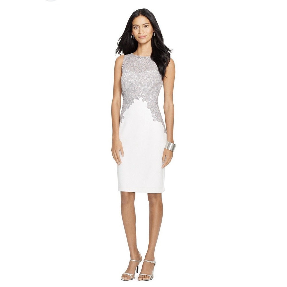 NWT Lauren Ralph Lauren White Taupe Lace Cocktail Dress Sz6 Graduation Wedding